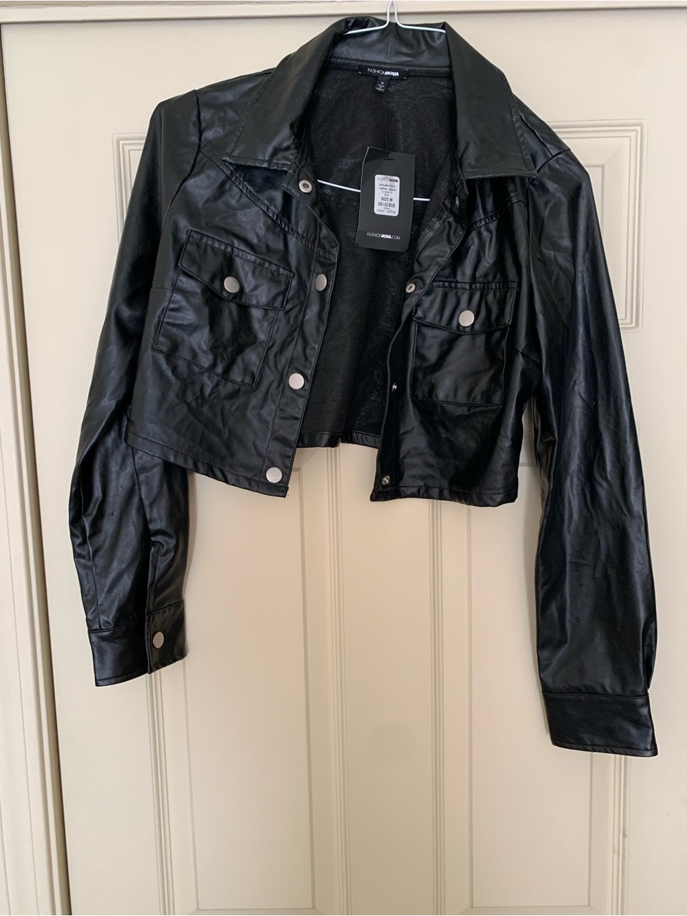 NWT Fashion Nova Cropped Faux Leather Jacket Black (Size M - Minor Flaws / DIY)